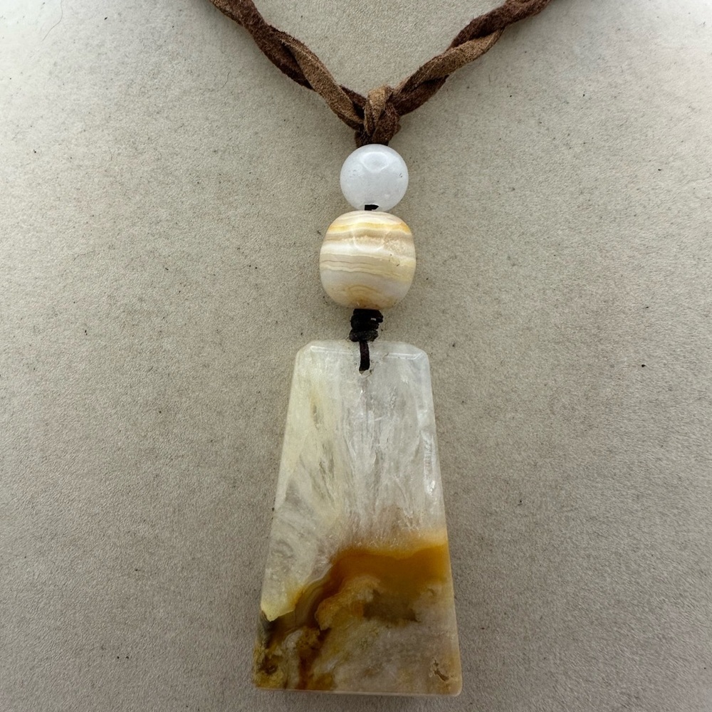 Coral Agate Pendant Necklace with White Jade and Crazy Lace on 2 Tone Faux Suede